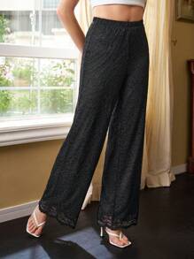 Sarah Dakkak Designer Women Solid Color Lace Straight-Leg Pants For Vacation, For Summer, Holiday, Valentine's Day, Festival - Black - View 3