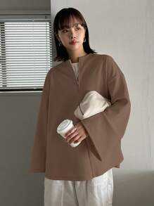 FRIFUL 女士纯色拉链落肩宽松休闲长袖 T 恤，春秋季