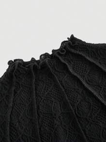 SHEIN MOD Women's Black Knitted Perspective Stand Collar Short Sleeve Slim Fit T-Shirt Suitable For Summer - Black - View 3