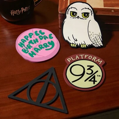 HARRY POTTER X SHEIN 4 Pcs/Set Hedwig & Birthday Cake & Deathly Hallows Pattern Coasters Set,Desk Decor, Heat Insulation Back To School