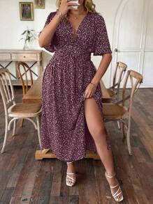 SHEIN Clasi Đầm tay ngắn xếp nếp hoa Boho phong cách nghỉ mát mùa hè cỡ lớn cho nữ màu đỏ tía - Màu Đỏ Sâu - Xem 3