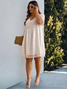Celure Vestido De Talla Grande De Verano Con Estampado De Lunares Y Color Sólido Para Vacaciones - Albaricoque - Ver 4