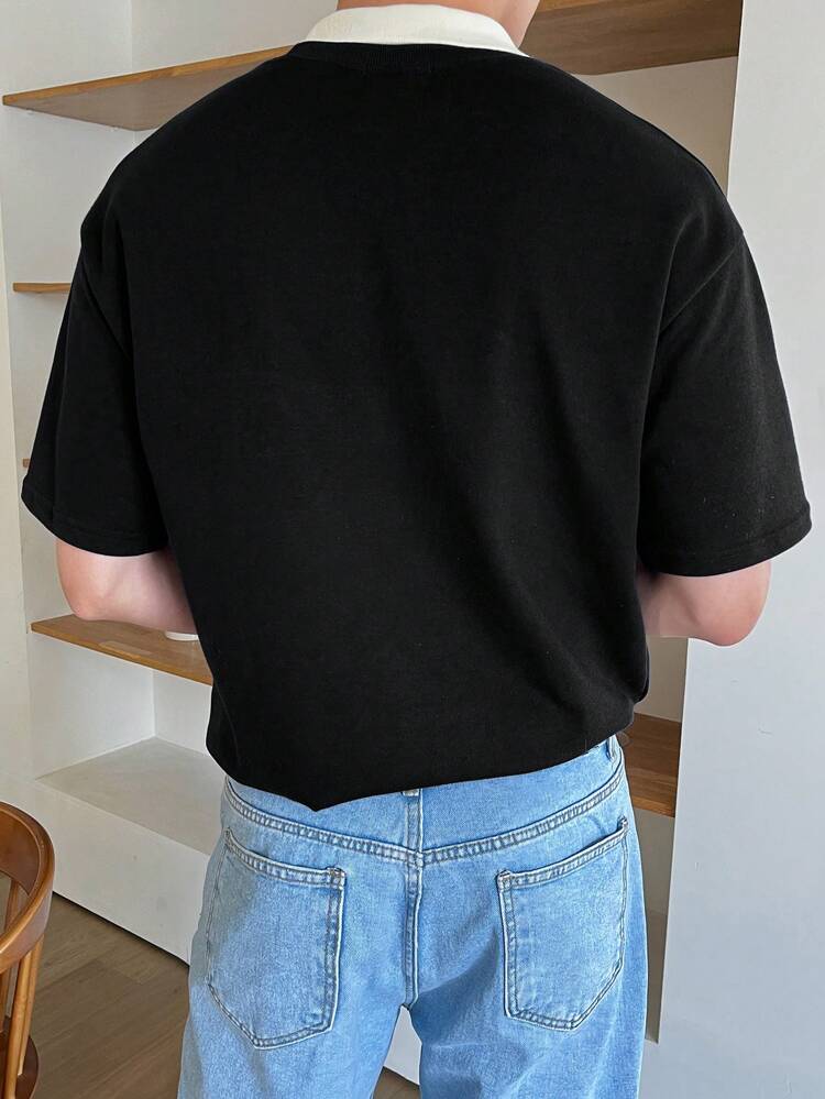 Men's Color-Block Collar Letter Printed Short Sleeve T-Shirt For Summer