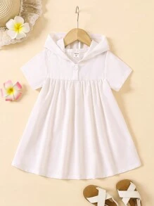 少女夏季沙灘休閒連帽純色短袖襯衫 - 白色 - 查看 3