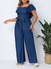 SHEIN Privé Plus Size Square Neckline Ruffle Trim Belted Denim Jumpsuit - Dark Wash - View 3