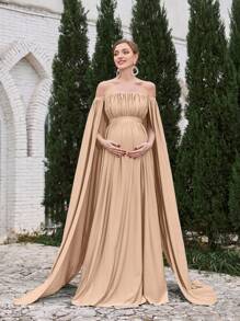 Faeriesty Dressalisa Maternity Ruffled Off Shoulder Long Evening Gown - Champagne - View 6