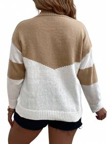 SHEIN LUNE Suéter de mujer talla grande con bloque de color y cuello en V, de manga larga, adecuado para primavera y otoño, suéter de punto para otoño e invierno - Caqui - Ver 2