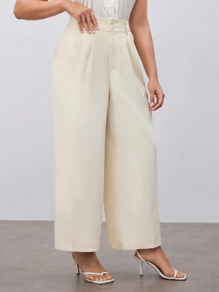 SHEIN Maija 플러스 사이즈 캐주얼 솔리드 화이트 컬러 하이 웨이스트 스트레이트 레그 팬츠 성 패트릭의 날 여성 부활절 여름 부활절 여성 파티 탑 비치 여름 휴가 각 휴가 여성 여름 팬츠