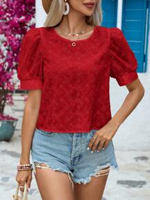 SHEIN VCAY Vacation Hollow Out Embroidery Back Button Detail Shirt