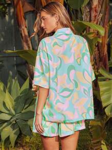Soleia Women's Tropical Beach Vacation Style Colorful Abstract Pattern Floral Print Loose Short Sleeve Shirt And Shorts Two Piece Set For Summer - Multicolor - View 5