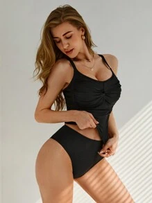 Swim DD+ 女款可調節細肩帶比基尼上衣和下褲套裝 - 黑色 - 查看 3