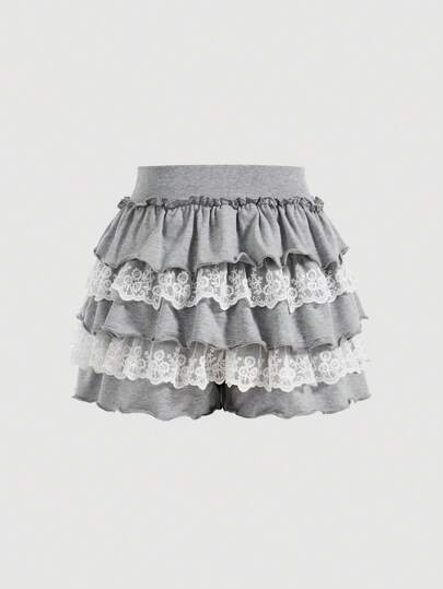 SHEIN MOD ラッフルトリムとレースパッチワークの夏用カジュアルニットショーツ