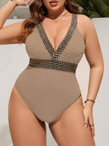 SHEIN Swim Curve Summer Plus Size One-Piece Swimsuit Made Of Special Fabric - Brown - View 3