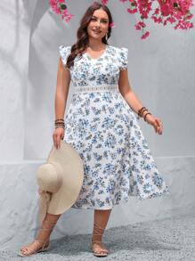 SHEIN VCAY Modisches Kleid mit Blume Muster und Rüschenärmeln für Damen in Große Größen - Verschiedenfarbig - Übersicht 4