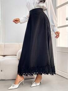 Modelyn Women's Solid Color Applique Trimmed Hem Long Skirt - Black - View 6