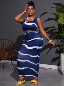 Slaydiva Plus Size Knitted Ribbed Tie Dye Printed Tank Top With Drawstring And Skirt, Perfect For Vacation & Leisure,Holiday Outfits - Navy Blue - View 6