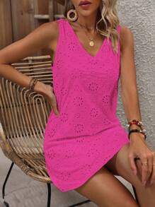 Breezaya Summer Casual Hollow Out Embroidered Sleeveless Dress - Hot Pink - View 3