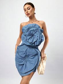 SHEIN Privé Vestido De Mujer De Mezclilla Con Flores 3d - Azul - Ver 7