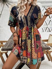SHEIN LUNE Women's A-Line V-Neck Batwing Sleeve Patchwork Printed Dress, Spring/Summer - Multicolor - View 6