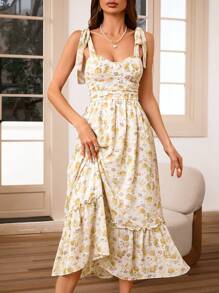 GENKIRA Thắt nơ thắt lưng Xù eo In hoa ngẫu nhiên Cinched Full Swing Đầm nữ - Nhiều màu - Xem 3