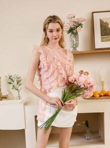 SHEIN MOD Áo không tay cổ tròn tua rua và ngọc trai thiết kế xếp nếp màu hồng ngọt ngào - Hồng - Xem 6