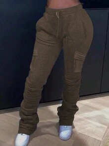 SHEIN LUNE Quần Jogger Túi Tối Giản Màu Trơn Cỡ Lớn, Thích Hợp Cho Mùa Xuân Và Mùa Thu - Màu Khaki - Xem 3