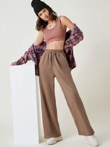 SHEIN BASICS Pantalones De Pierna Ancha Con Cintura Con Cordón De Terciopelo Y Bolsillos Inclinados - Marrón Mocha - Ver 5