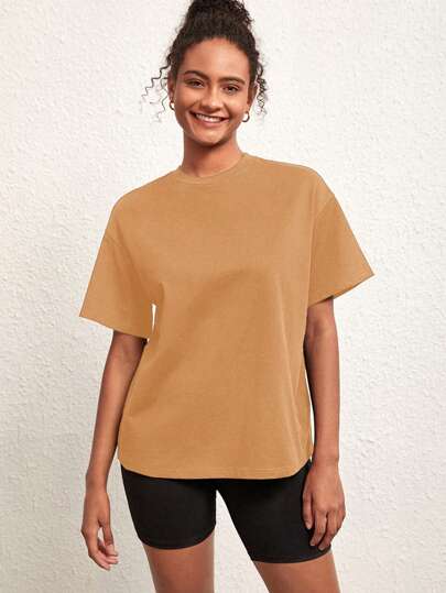 SHEIN BASICS 女士夏季純色圓領短袖寬鬆休閒t恤