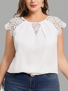 Chikora 加大码蕾丝刺绣拼布女式衬衫，商务休闲女装 - 白色 - 查看 1