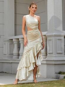 LOVE&LEMONADE One Shoulder Asymmetric Ruffle Hem Pleated Dress - Gold - View 3