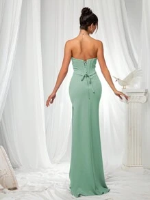 VIPGIRL Elegant Bridesmaid Dress: Strapless Fitted Satin Dress, Paired With Waist-Cinching Top And Draped Waistline - Minimalist Luxurious Formal Evening Gown, Suitable For Wedding Guest Attire Spring - Mint Green - View 3