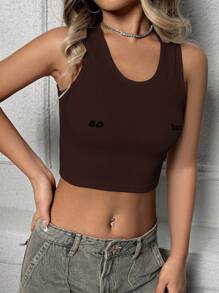 SHEIN Unity 夏季條紋運動修身背心,帶有有趣的字母印花 - 棕色 - 查看 5