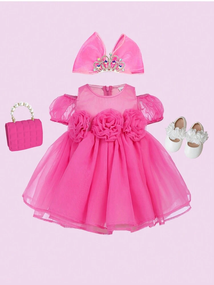 Baby Girl Elegant Pink Satin & Organza Floral Applique Off-Shoulder Party Dress With Ruffled Neckline