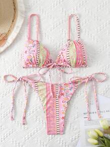 SHEIN Swim Random Printed Bandeau Bikini Set With Detachable Straps, Summer Beach - Multicolor - View 1