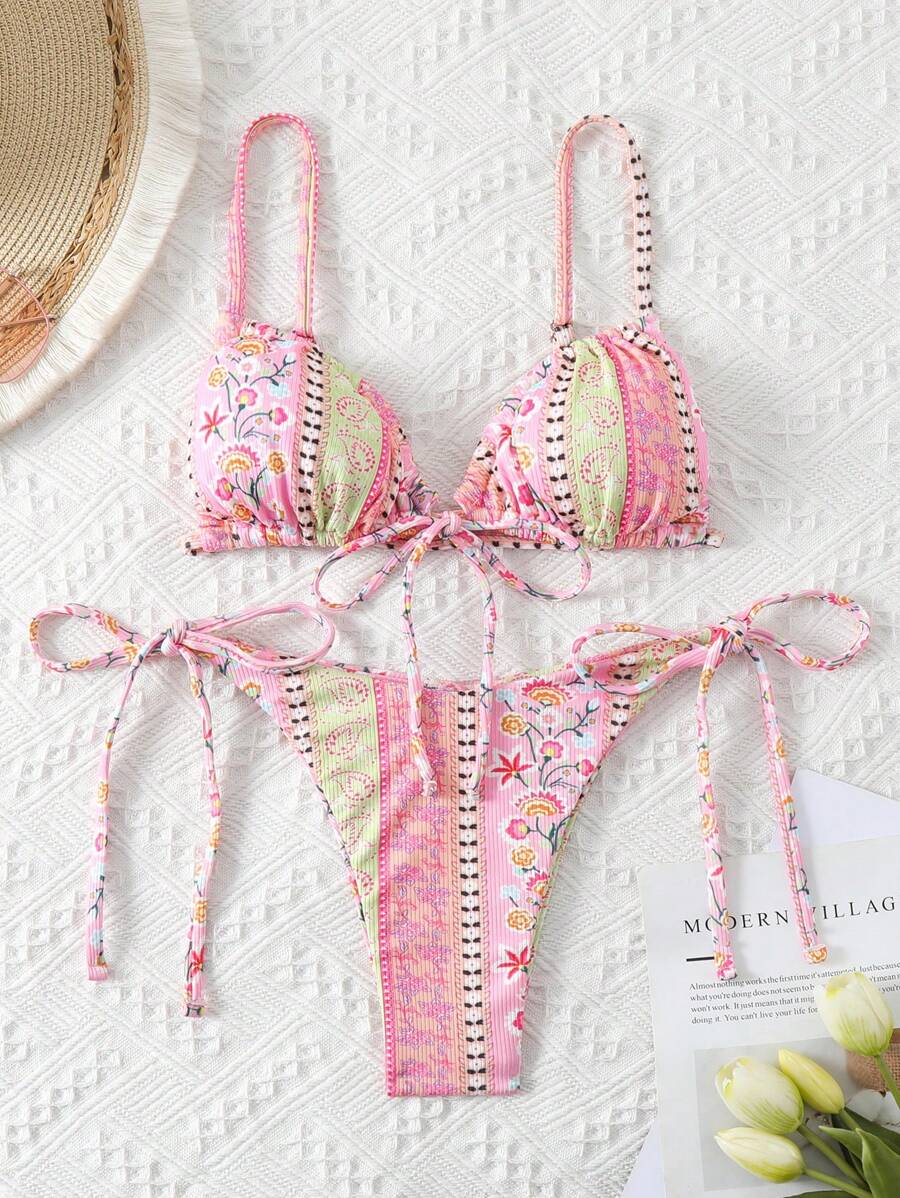 SHEIN Swim Random Printed Bandeau Bikini Set With Detachable Straps, Summer Beach - Multicolor - View 1