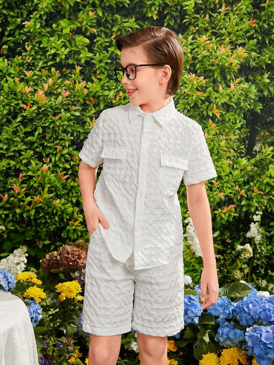 SHEIN Elegant Textured Shirt And Shorts Set For Tween Boys - White - View 1