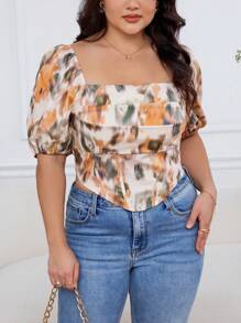 SHEIN Privé 夏季優雅浪漫的短袖襯衫，魚骨裝飾和流動的抽象花卉圖案，方領，適合大號女性 - 適合旅行和約會的完美穿搭 - 橘色 - 查看 3