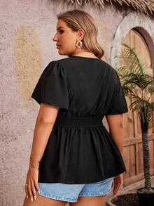 SHEIN Holidaya 大尺碼v領蕾絲拼接休閒優雅襯衫 - 黑色 - 查看 2