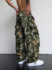 Manfinity Roghcode Men's Loose Fit Cargo Pants With Flap Pockets And Side Drawstring Waist, For Fall - Multicolor - View 2