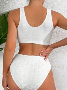 SHEIN Swim Ensemble Bikini de couleur unie pour femmes, maillot de bain texturé, tenue de plage, vacances d'été, plage d'été - Blanc - Voir 2
