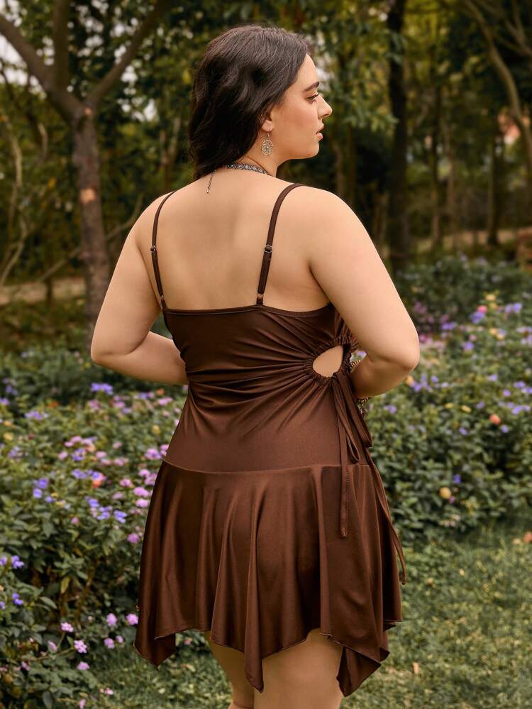 Plus Size Women's Solid Color Halterneck Cut-Out Waist Tie A-Line Dress For Summer