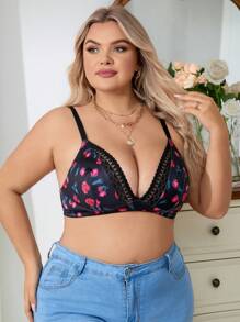 Reggiseno Wireless Con Stampa Floreale Per Taglie Forti, Con Pizzo E Patchwork, 1 Pezzo - Multicolore - Visualizzare 4