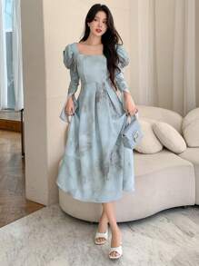 DAZY Women's Ink Wash Tie Waist Puff Sleeve Dress,Ruffle,Fall Dress Long Sleeve Dress - Blue - View 6