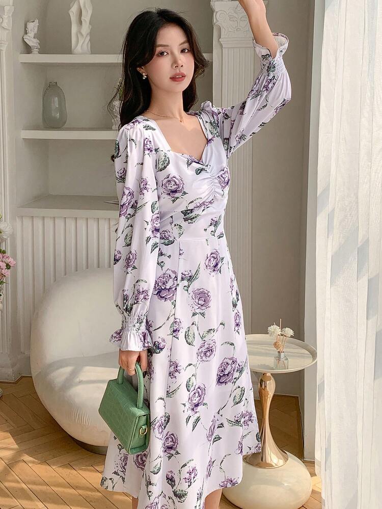 Women's Printed Square Neckline Long Bell Sleeve Dress,Fall Dress Long Sleeve Dress Vacation Outfits Women Floral Boho