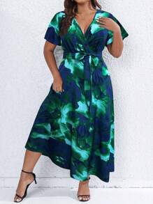 SHEIN Clasi Kích thước lớn Hoa In Surplice cổ Thắt lưng Váy quấn - màu xanh lá - Xem 4