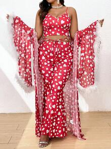 Flirla Ensemble de 3 pièces pour femmes de grande taille: Veste à manches cloches avec manchettes épaisses et top court avec pantalon évasé à imprimé cœur