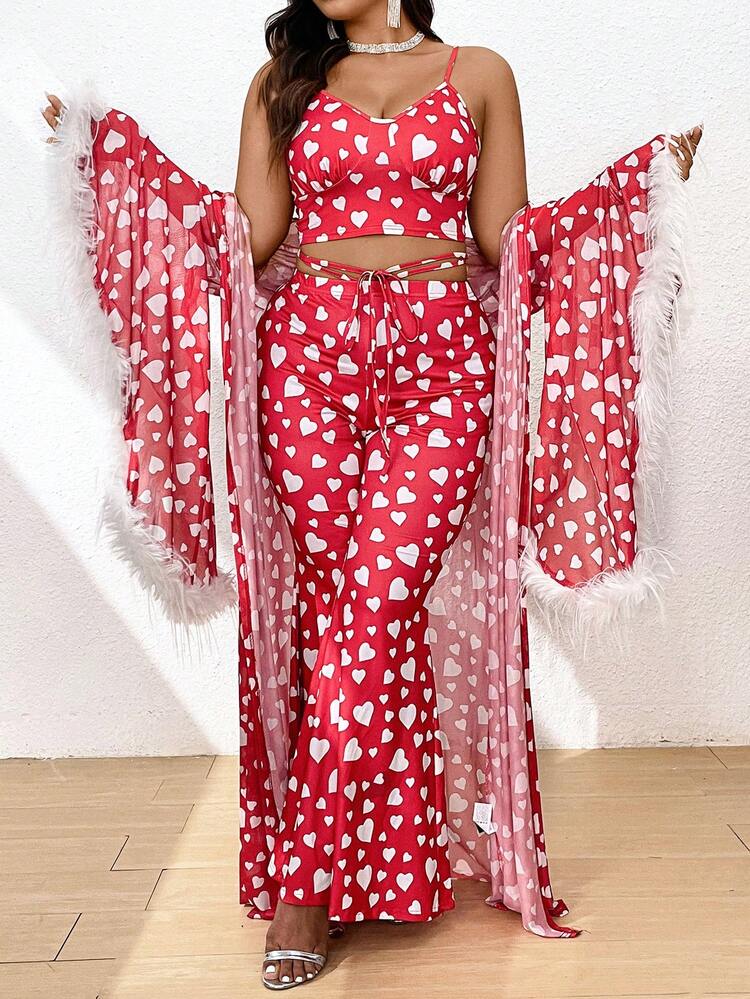 Plus Size Women's Fluffy Sleeve Cuff Bell Sleeve Jacket With Short Tank Top And Flare Pants Heart Printed 3pcs Outfits