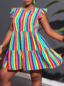 Slaydiva 女性大码彩虹条纹荷叶边罩袍连衣裙，骄傲月彩虹 - 彩色 - 查看 2