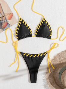 SHEIN Swim Women's Stylish Yellow Drawstring Two-Piece Bikini Set Summer Beach