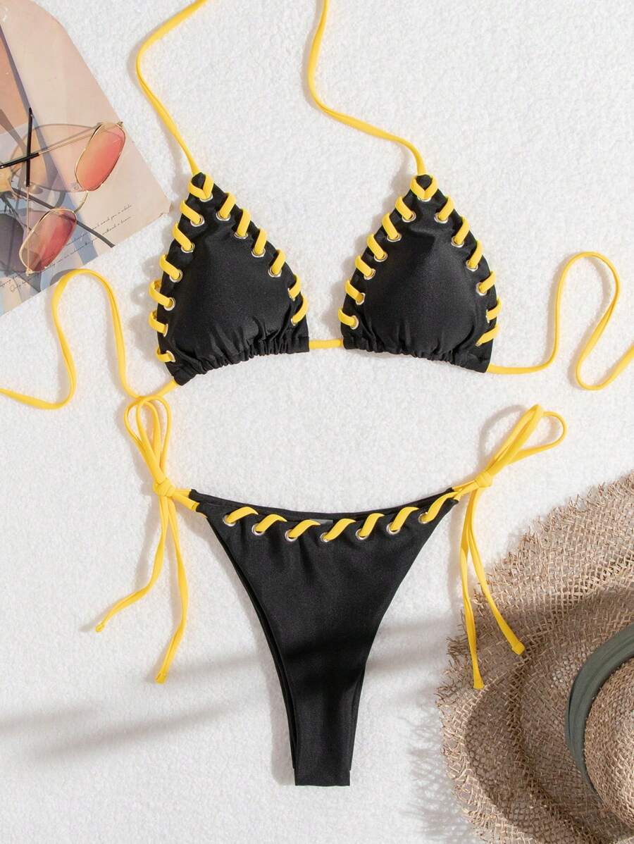 SHEIN Swim Women's Stylish Yellow Drawstring Two-Piece Bikini Set Summer Beach